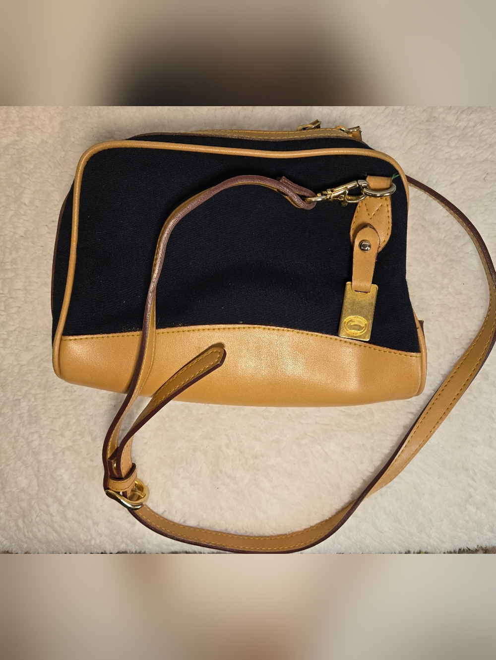 Classic Dooney And Bourke Navy Canvas and Tan Leather Crossbody Shoulder Bag